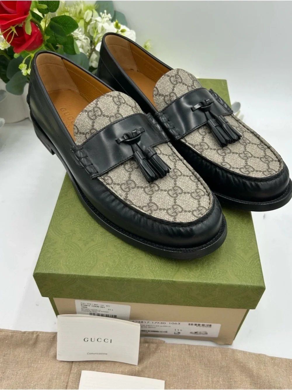 Gucci, GG Supreme tassel loafers size 11.5 fits 12 US made in Italy